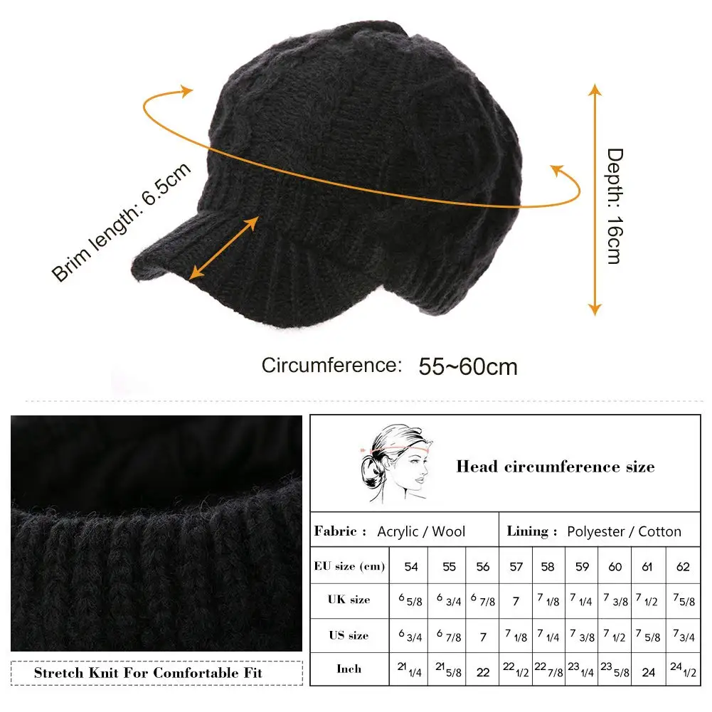Women 50%/100% Wool Newsboy Cap Winter Hat Visor Beret Cold Weather
