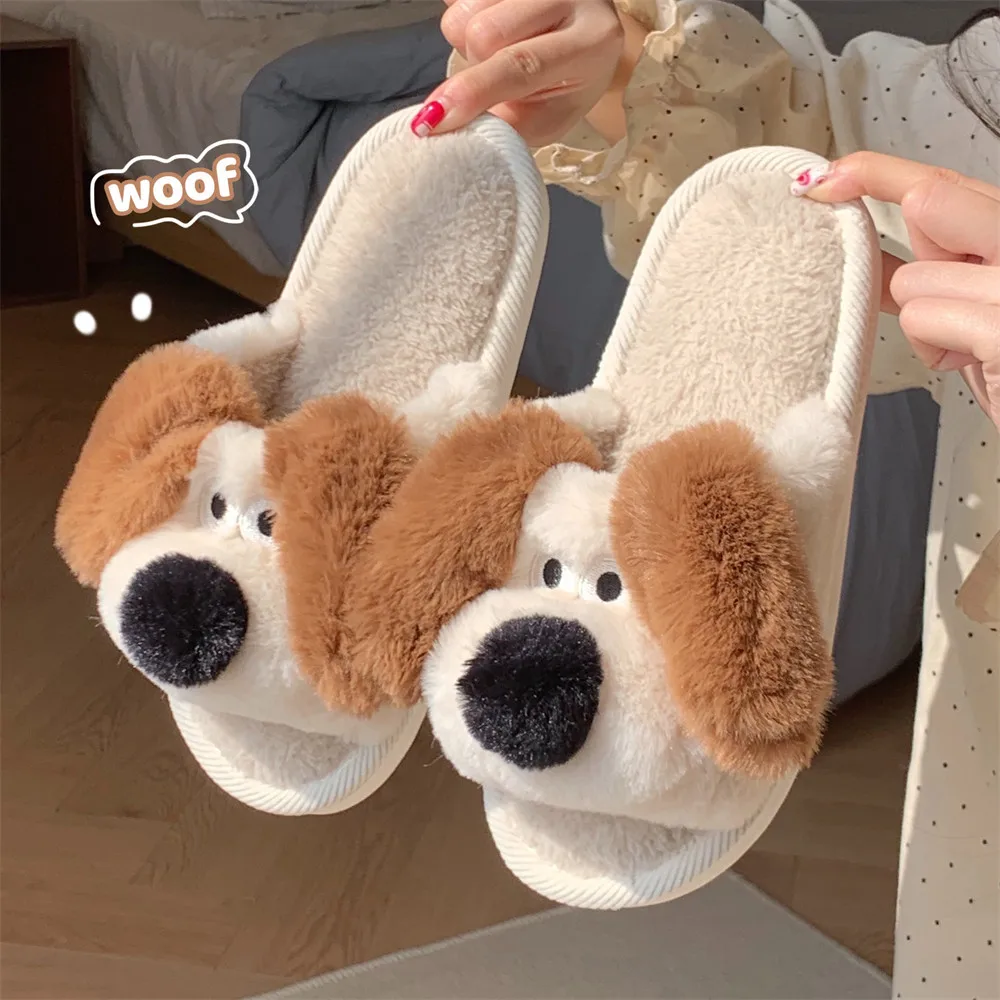 XIXITIAO fuzzy sandals dog house flat plush shoes indoor winter non slip cute animal plush slippers for women girls
