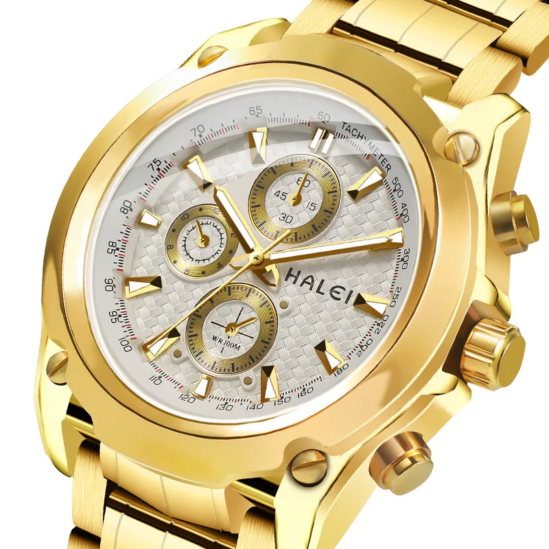 HALEI own brand men watch classic luxury gold wrist watches stainless steel water proof quartz mens watch