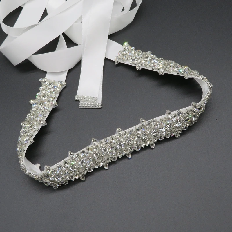 
Wholesale Luxury Silver Beaded Wedding Dress Belts with Rhinestone Trim Applique Crystal Bridal Belt 