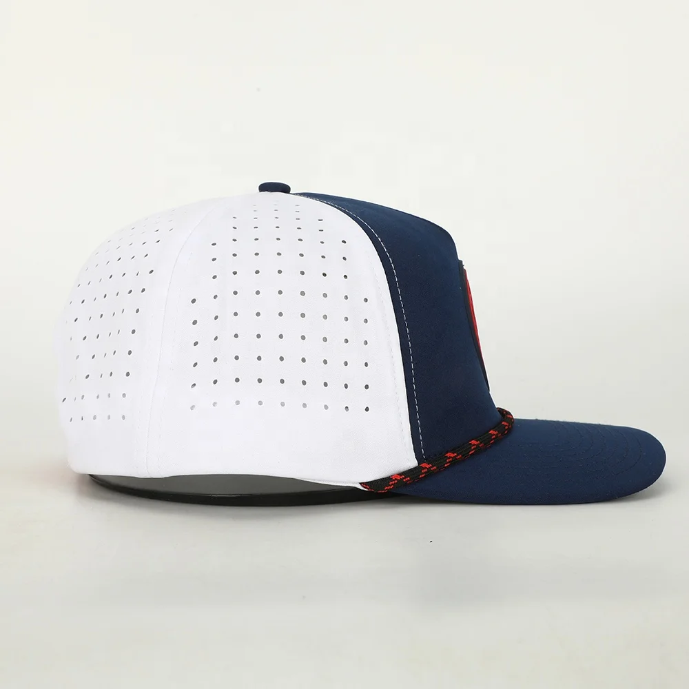 Custom 5 Panel Rubber PVC Patch Logo Rope Dad Hat,Waterproof Laser Cut Hole Perforated Gorras,Performance Sports Baseball Cap