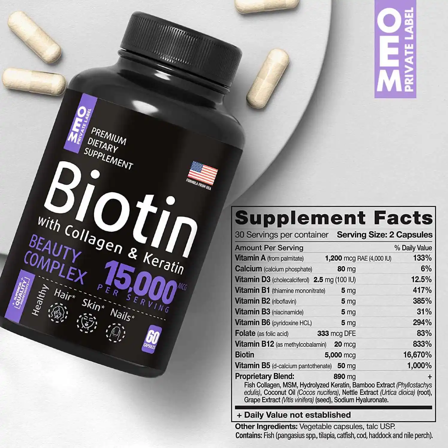 OEM Biotin Capsules With Vitamin Biotin Hair Nail Skin Growth Capsules For Women Supports Hair, Skin, And Nail Health