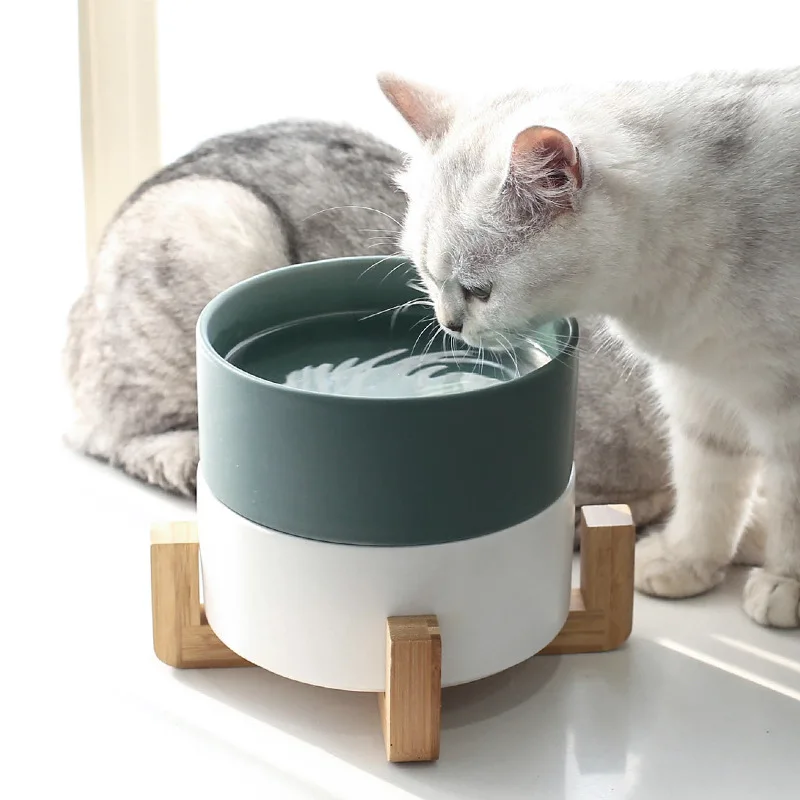 Керамическая миска для кошек, двойная миска для защиты шейного позвоночника, деревянная рама