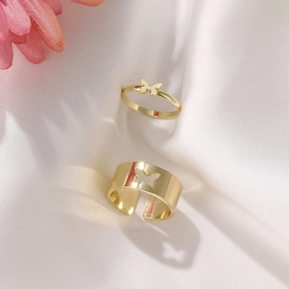 women men wedding finger jewelry18k gold plated adjustable butterfly couple rings jewelry set