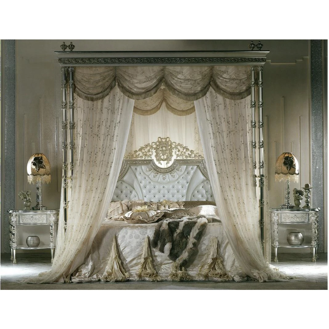 Italian Imperial Style White Leather Wooden Silver Plated Palace 4 Posters Canopy Bed