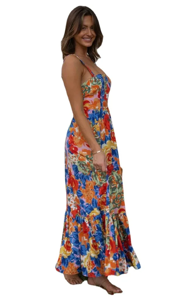 Backless Fashion Elegant Floral Sexy Casual Lady Style Floral Casual Maxi Smocked Dresses For Girls