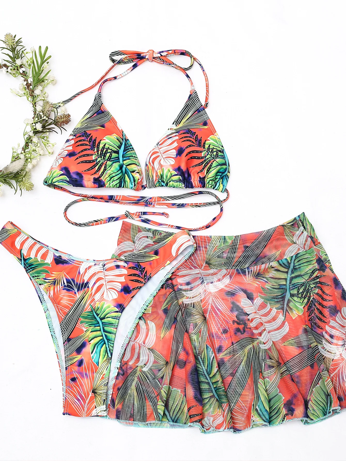 Aliexpress amazon sexy fashion leaf r print 3 pieces swimsuit bikini cover up