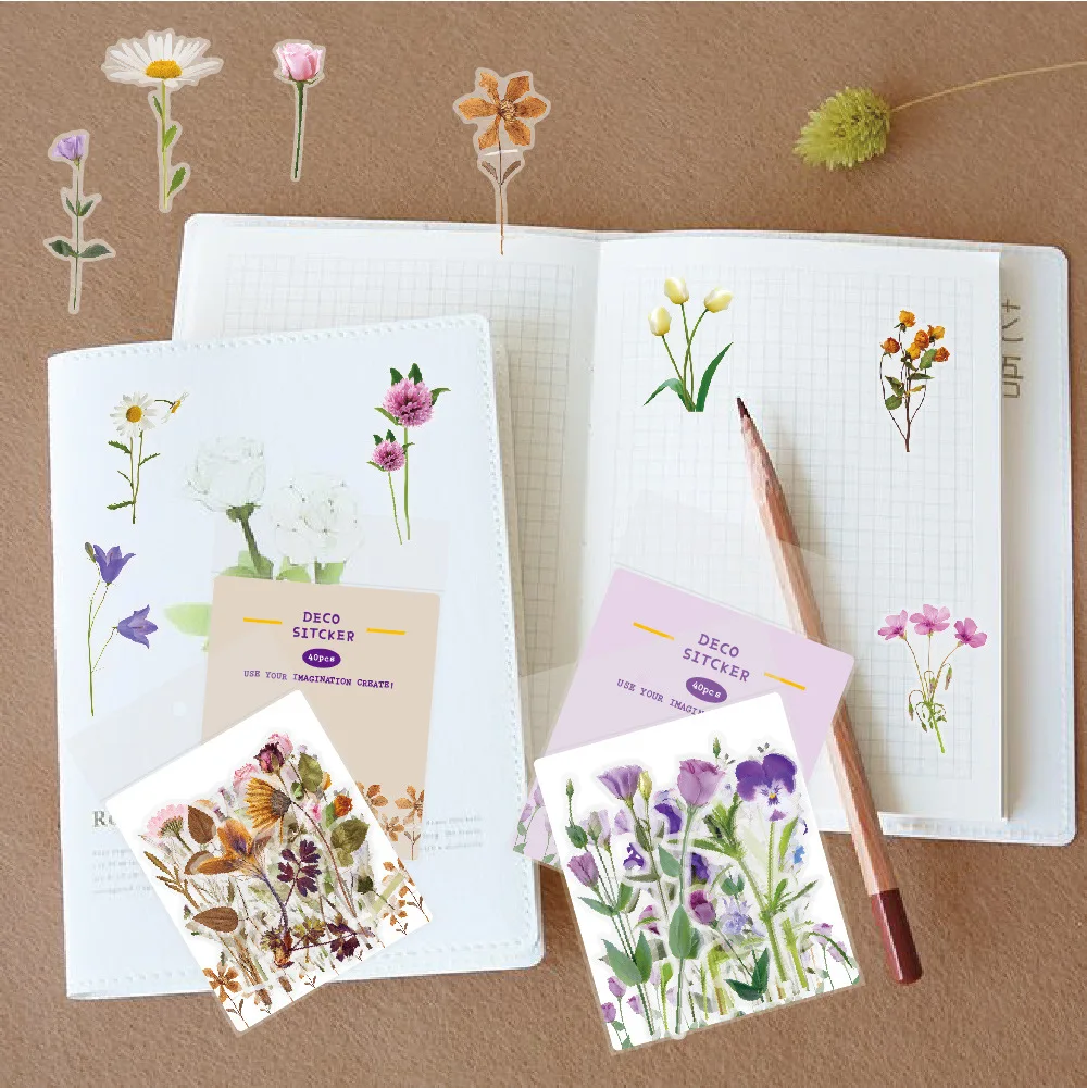 Flower sticker pack waterproof transparent PET hand account bullet diary DIY tulip material hand account sticker1 pack of 40