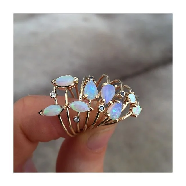 Unique sterling silver gold plated diamond marquise white opal women fine jewelry rings