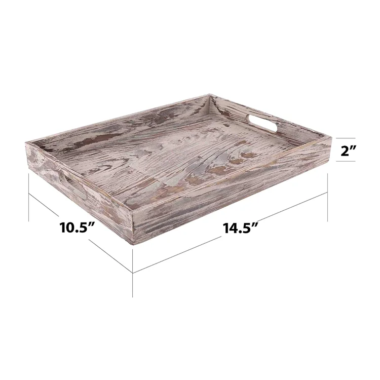 Vintage Farmhouse Decorative Kitchen Natural Wooden  Nesting Serving Tray Rectangle Breakfast Tray with Cut Out Handles