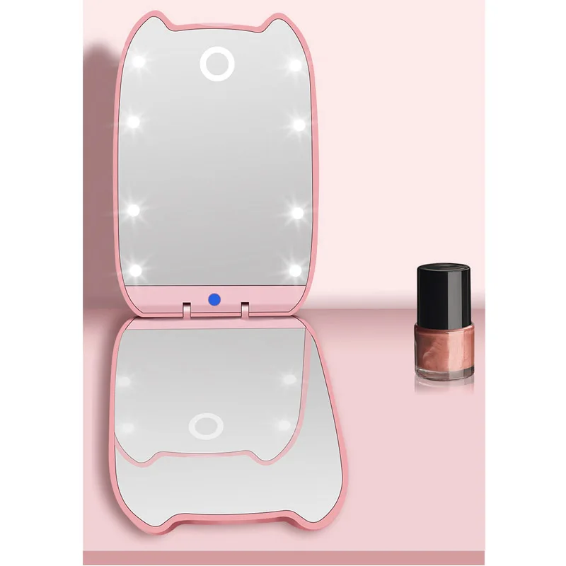 8 LED Lights Lamps Women Foldable Makeup Mirrors Lady Cosmetic Hand Folding Portable Compact Pocket Mirror