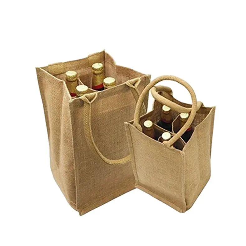Custom  With Logo Printing Clear Window Carrier Bottle Hessian Linen Hemp Burlap Jute Tote Gift Wine Bag