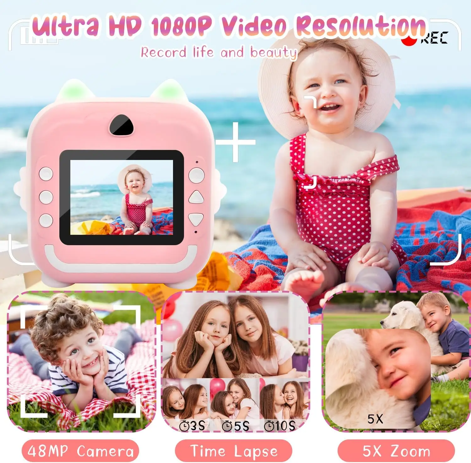 Kids Print Cameras Toddler Digital Instant Camera for Girls Boys Zero Ink Kids 48MP Cam 1080P HD Video Camcorder for Bir