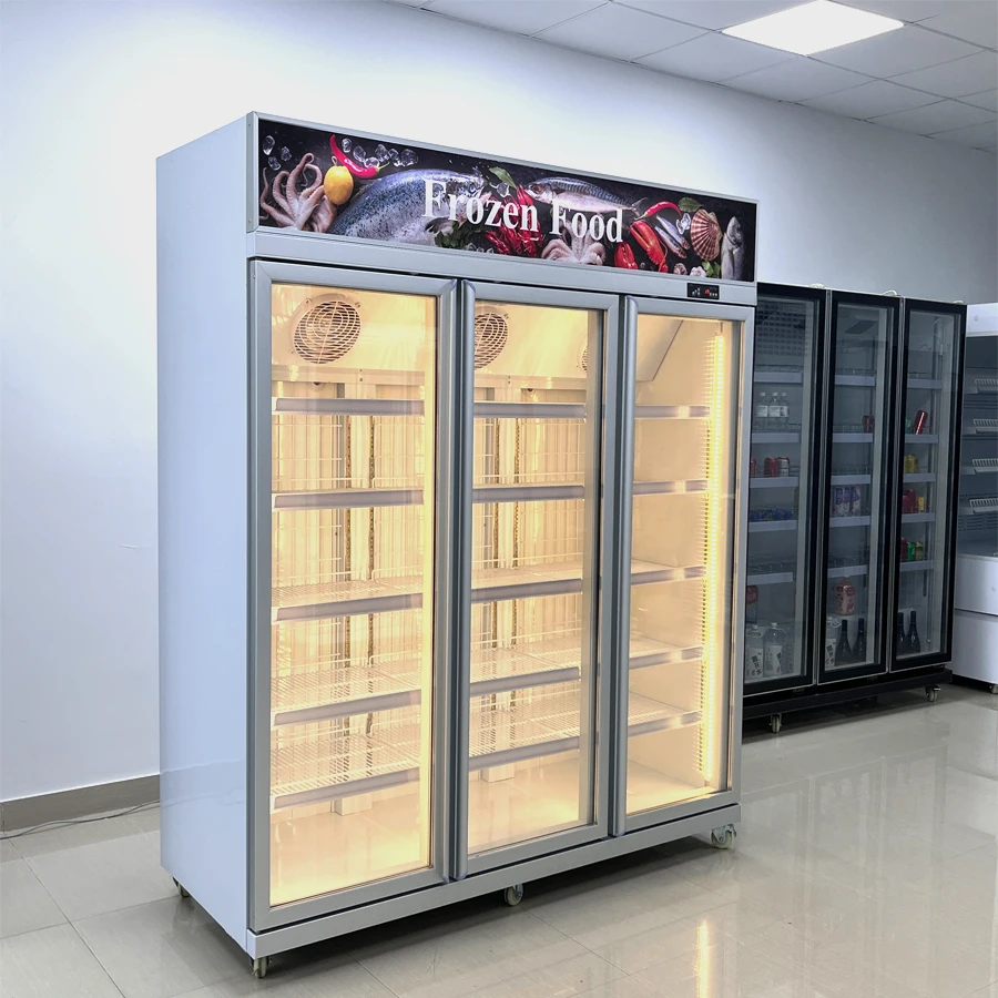 Single-Temperature 3-Door Glass Door Fan Cooling Display Cooler Supermarket Store Refrigerator with Compressor