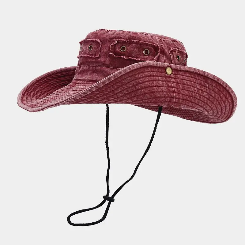 Wholesale Wide Brim Washed Cotton Cowboy Hat With Fold up Button Custom Survival Hat Out Door Fishing Hat