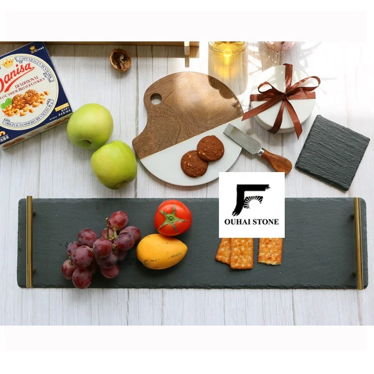 60*15cm export slate cheese board with metal handle serving tray