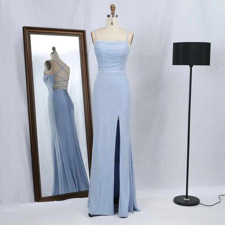 Light Blue hand pleated sleeveless lace up back side slit shiny stretch satin prom dresses