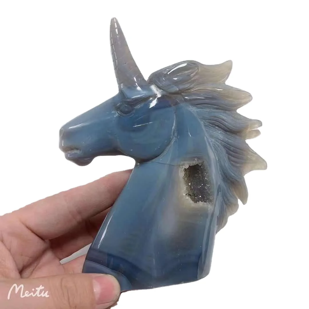 
Wholesale Folk Crafts Crystal Blue Lace Agate Geode Unicorn Hand Carved Crystal Animals For Halloween Decoration 