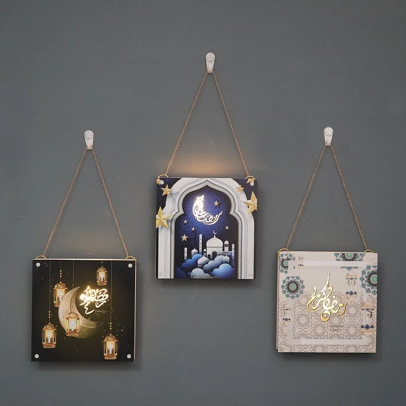 Muslim Home Decoration Ramadan Wooden LED Hanging Pictures Moon Lantern Mosque EID Wall Decoration