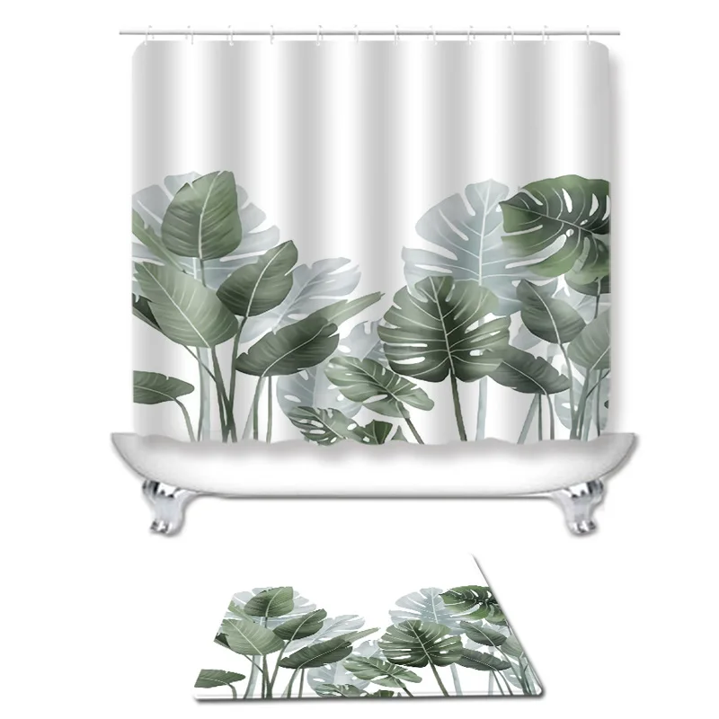 Hot selling factory wholesale green leaf waterproof shower curtain90g/Flat toilet carpet floor mat cross-border