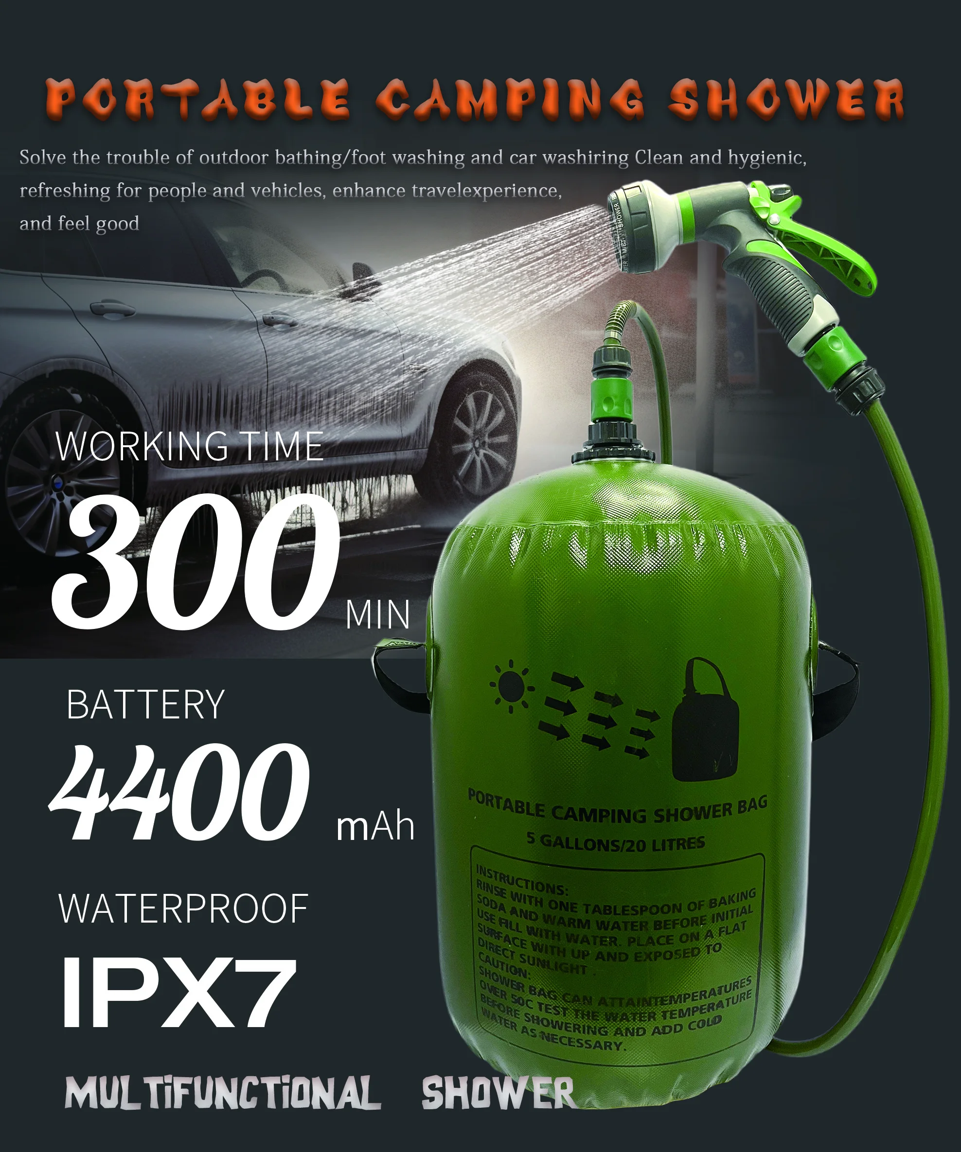 20l Hanging Shower Tote Bag Pvc Portable Outdoor Travel Solar Camping Shower Bag With Removable Hose Switchable Shower Head