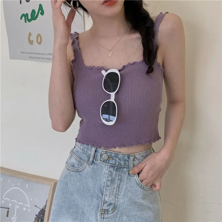 
Camisole Women Candy Colors Sweet Girls Tanks Cropped Tops Chic Popular New Arrival Ulzzang Ribbed Knitwear Female Casual Beach 
