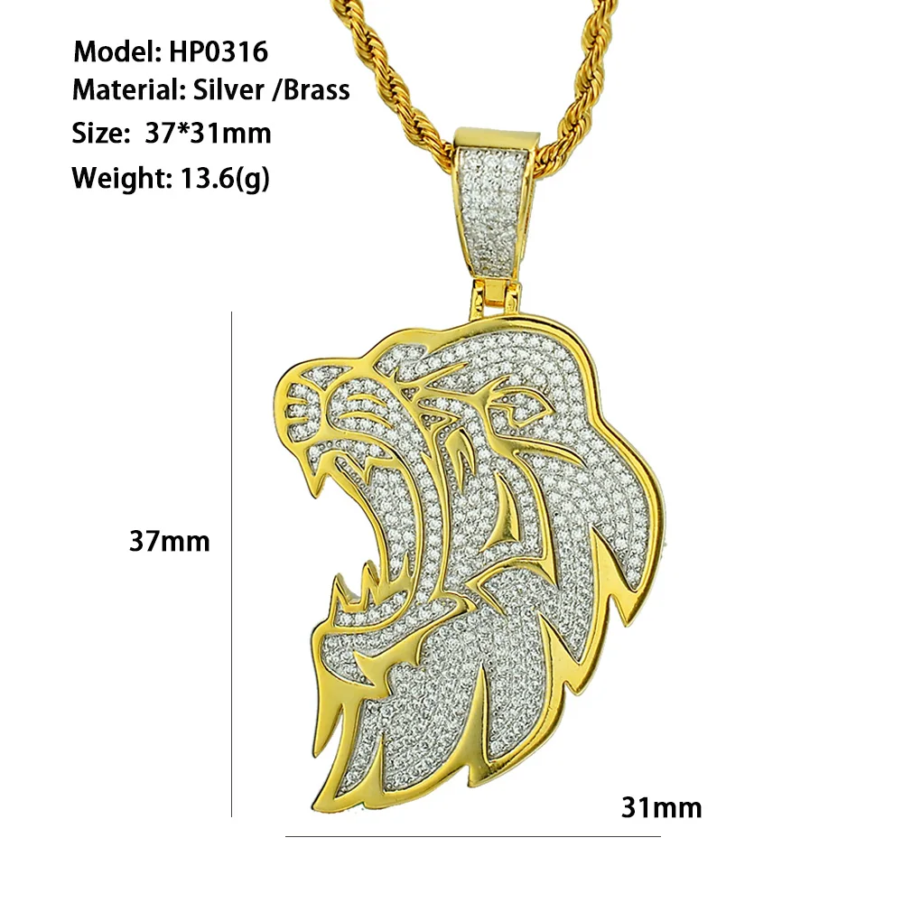 Fashion High Quality Hip Hop Jewelry Latest  Ice Out Zircon Diamond Lion Large Gold Plated Brass Tiger Pendant