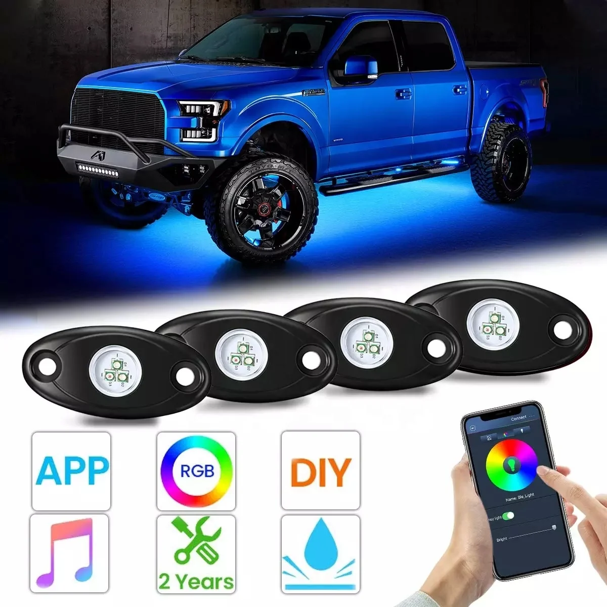OVOVS 4pods Blue-tooth Controller Phone App/Remote Control Timing Flashing Music Mode Multicolor Neon LED rock Light for ATV UTV