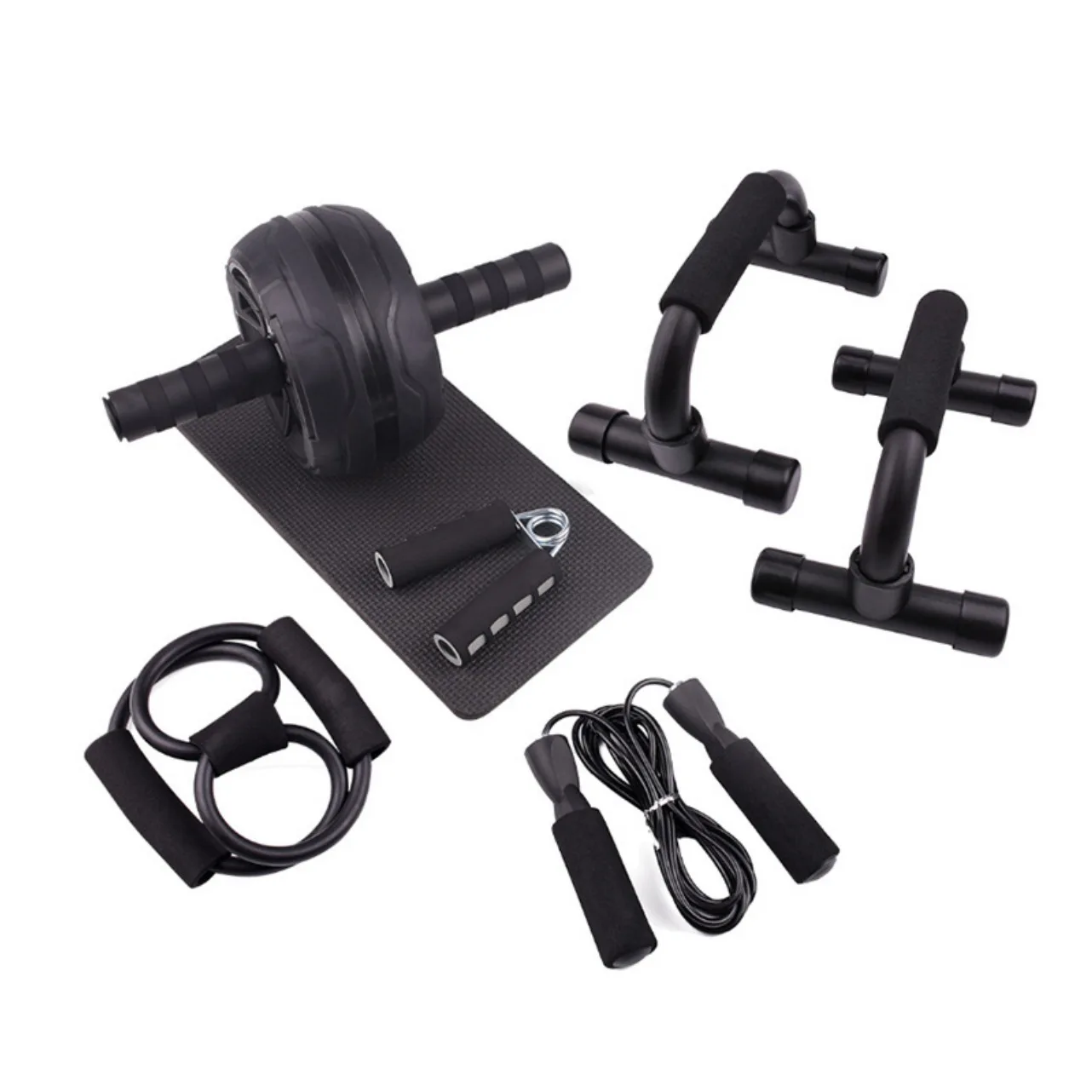 Home Fitness 7 in 1 Gym Muscle Trainer AB wheel roller set with push up stand jump rope resistant band hand grip