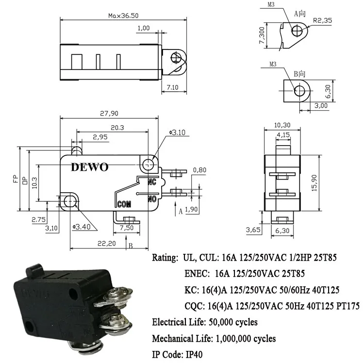 kw4 screw terminal 3 pins 16a 125v 250vac t85 5e4 micro switch