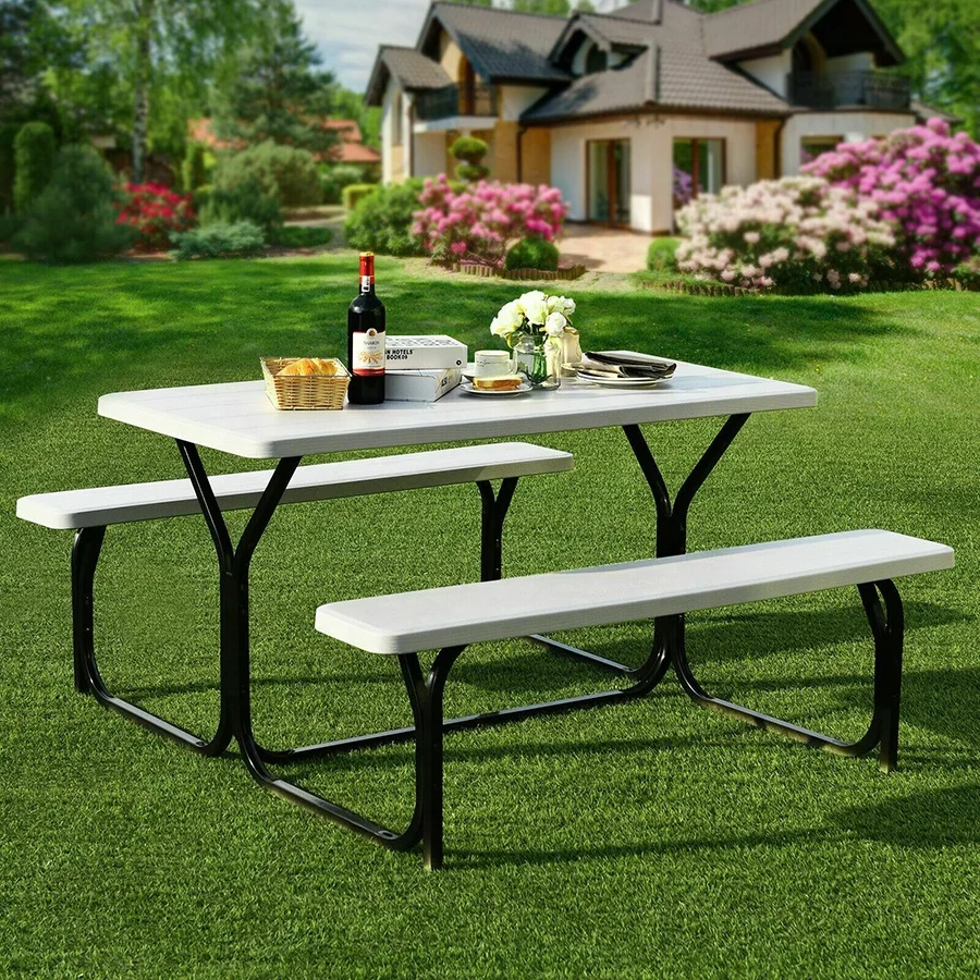 Outdoor Garden Dinning Knock Down Woodgrain Top Picnic White Plastic Table and Bench Set