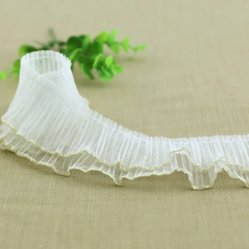 5.5 cm white color ruffled lace trim 2 layer pleated mesh lace trimming for ladies dress  clothing