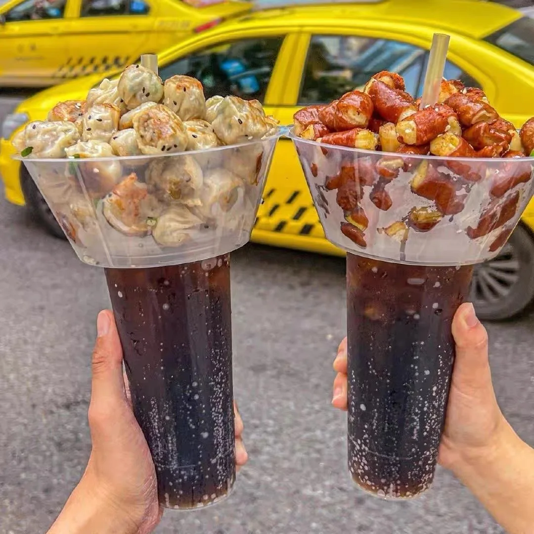 Takeaway Disposable 2 in 1 Snack And Drink In One Cup Hotpot Bubble Cup With Bowl On Top Black Plastic Cup Holder