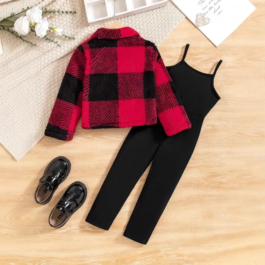 Autumn Winter New Toddler Kids Clothes Thick Girls Lapel Plaid Long-sleeved Coat Suspender One-piece Trousers Wholesale