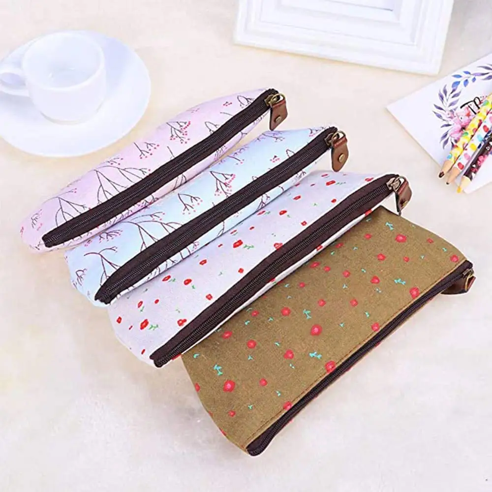 High Quality Flower Cute Canvas Pencil Pen Case Bag Multi-functional Coin Purse Makeup Bags with Zipper