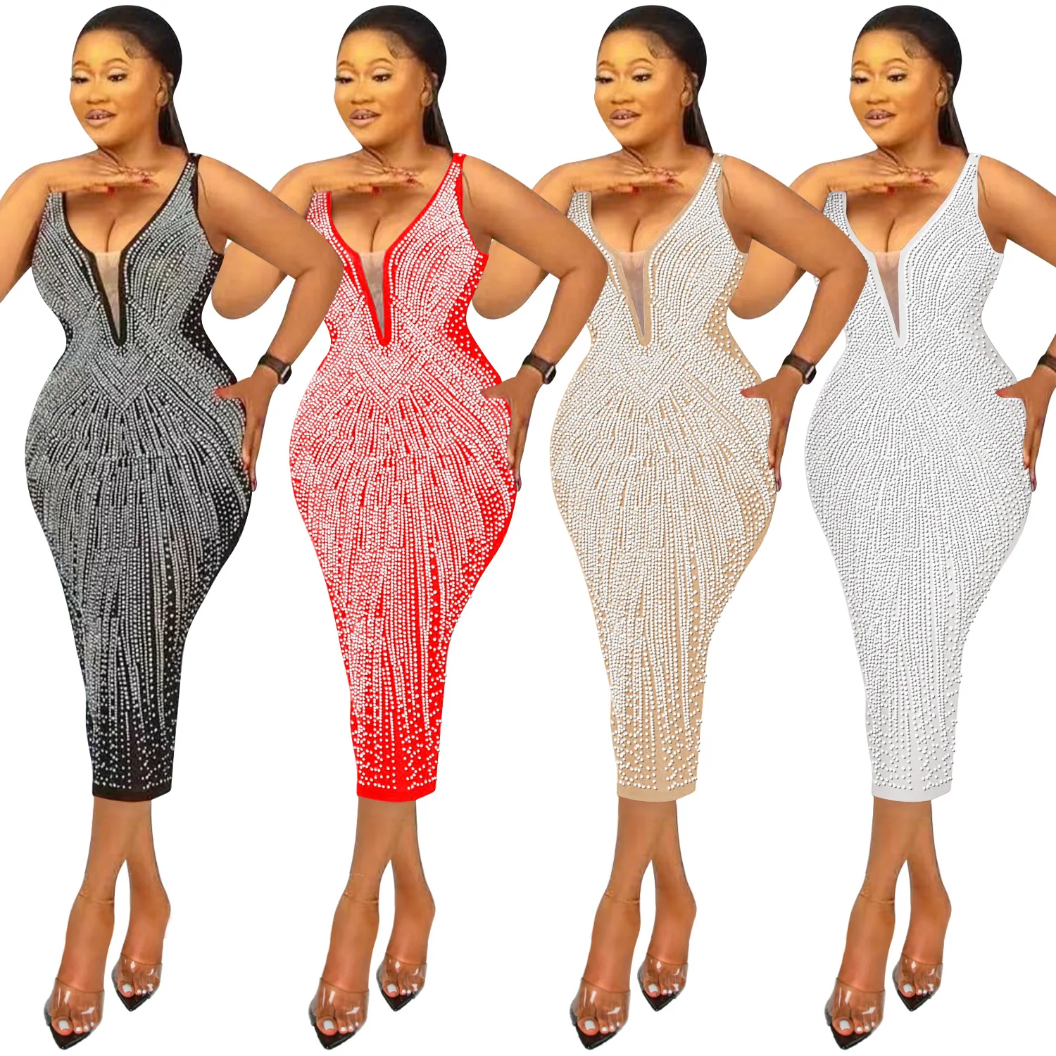 C5808 2022 Spring New Boutique Clothing Fashion Women Suspenders Sexy Dress Ladies Tight V-neck Rhinestone Dress