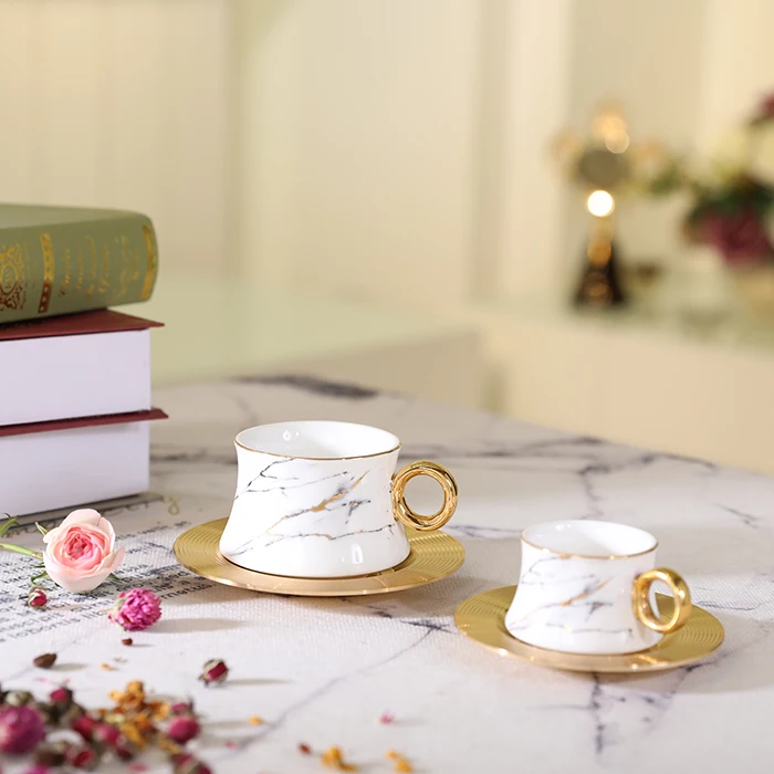 Amber porcelain ware coffee cup saucer set ceramic tea cup with aluminium saucer and metal circular handle