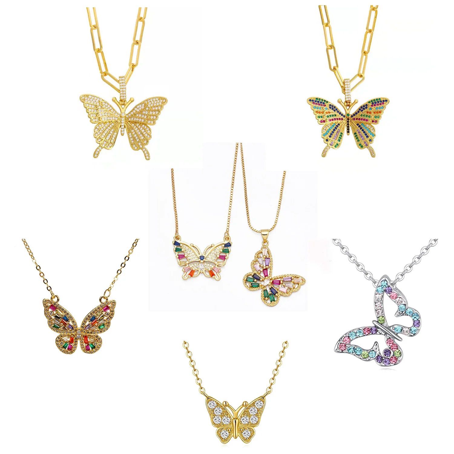 Custom 925 Sterling Silver Dainty Multi-Color Crystal Charm Women Solid 14K Gold Shiny Sparkling Butterfly Necklace