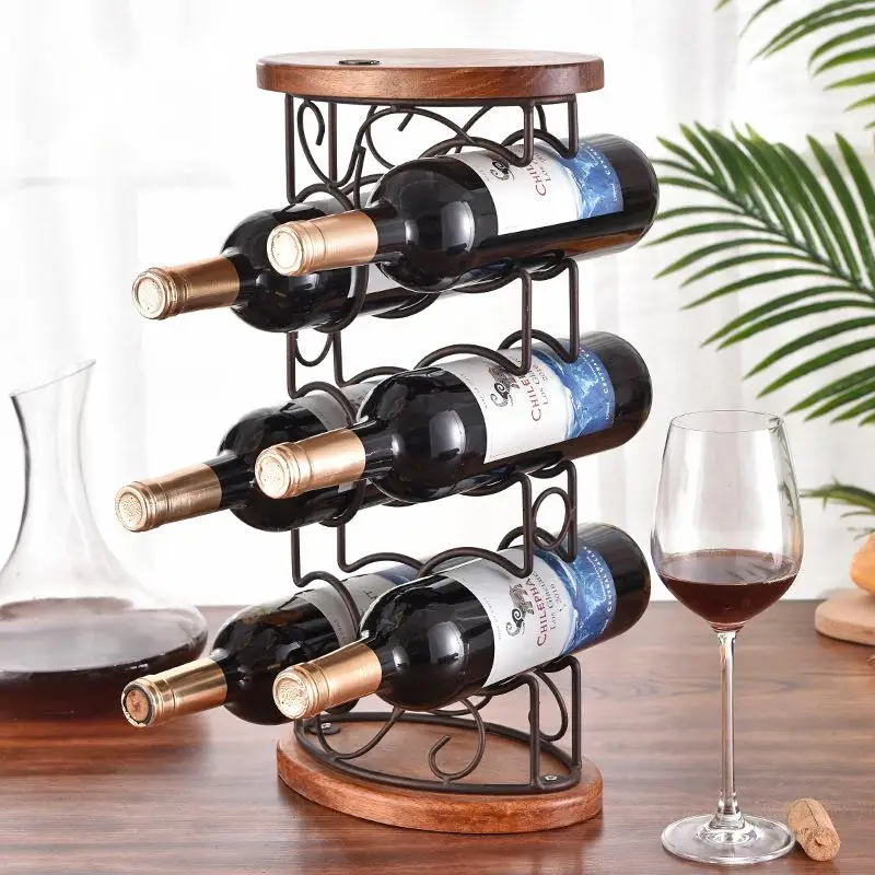 dining table wine cabinet decoration wooden rack display bottom wrought iron six bottles wine rack