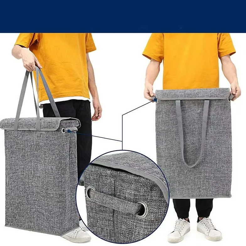 Cotton linen laundry basket with cover narrow strip laundry basket foldable slim height portable bedroom office storage basket