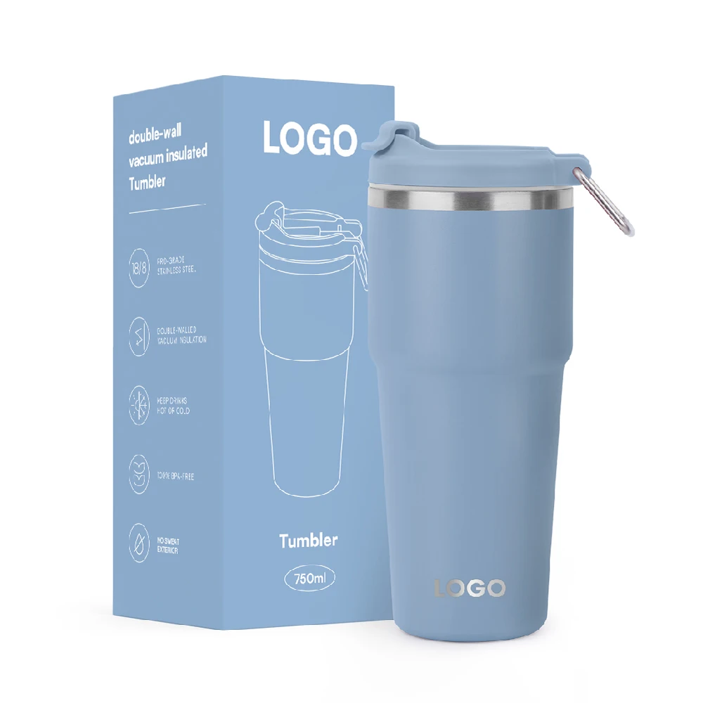 Ceramic Inner Coffee Tumbler Eco-friendly Steel Mug 750ml  Double Wall Insulated Tumbler with Handle Lid