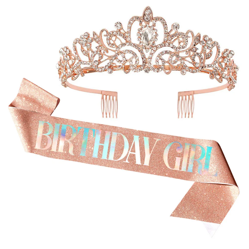 New Wholesale Birthday Princess Sash Tiara Crystal Crown Birthday Girl Sash Party Favors Birthday Party Decorations