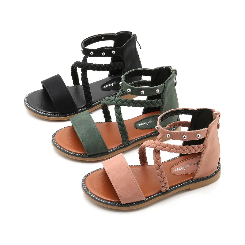 Fashion Children Sandals Big Girls Non-Slip Open Toe Shoes Cute Girls Soft Casual Shoes Kids Classic Cross Roman Sandals