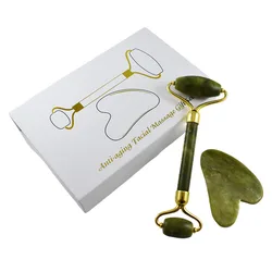 Wholesale Skin massage Body Scrapping Green Jade Roller Gua Sha Set Face Massage Jade Roller