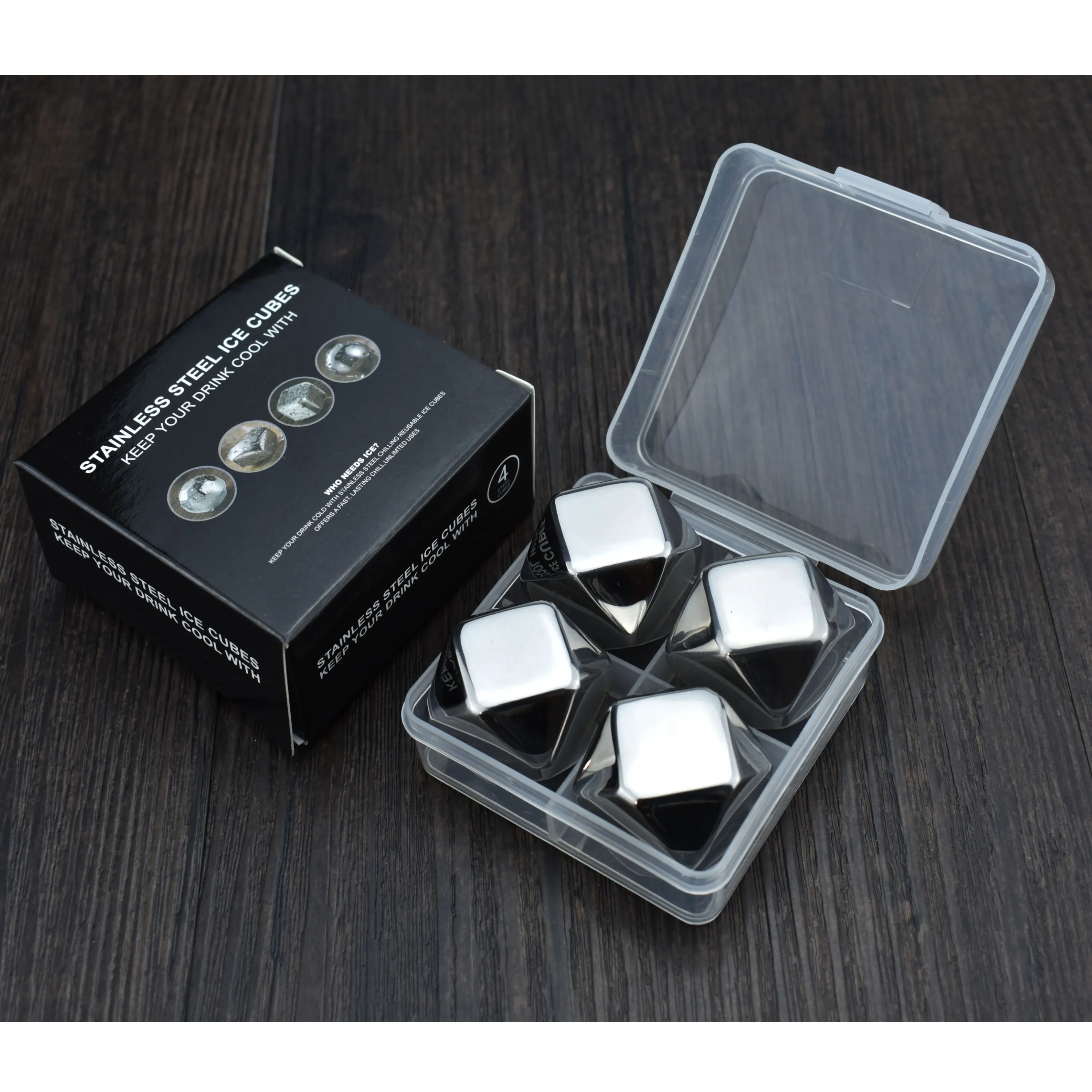 4pcs Polygon shaped reusable stainless steel Ice cubes whiskey stones gift set for wine chilling