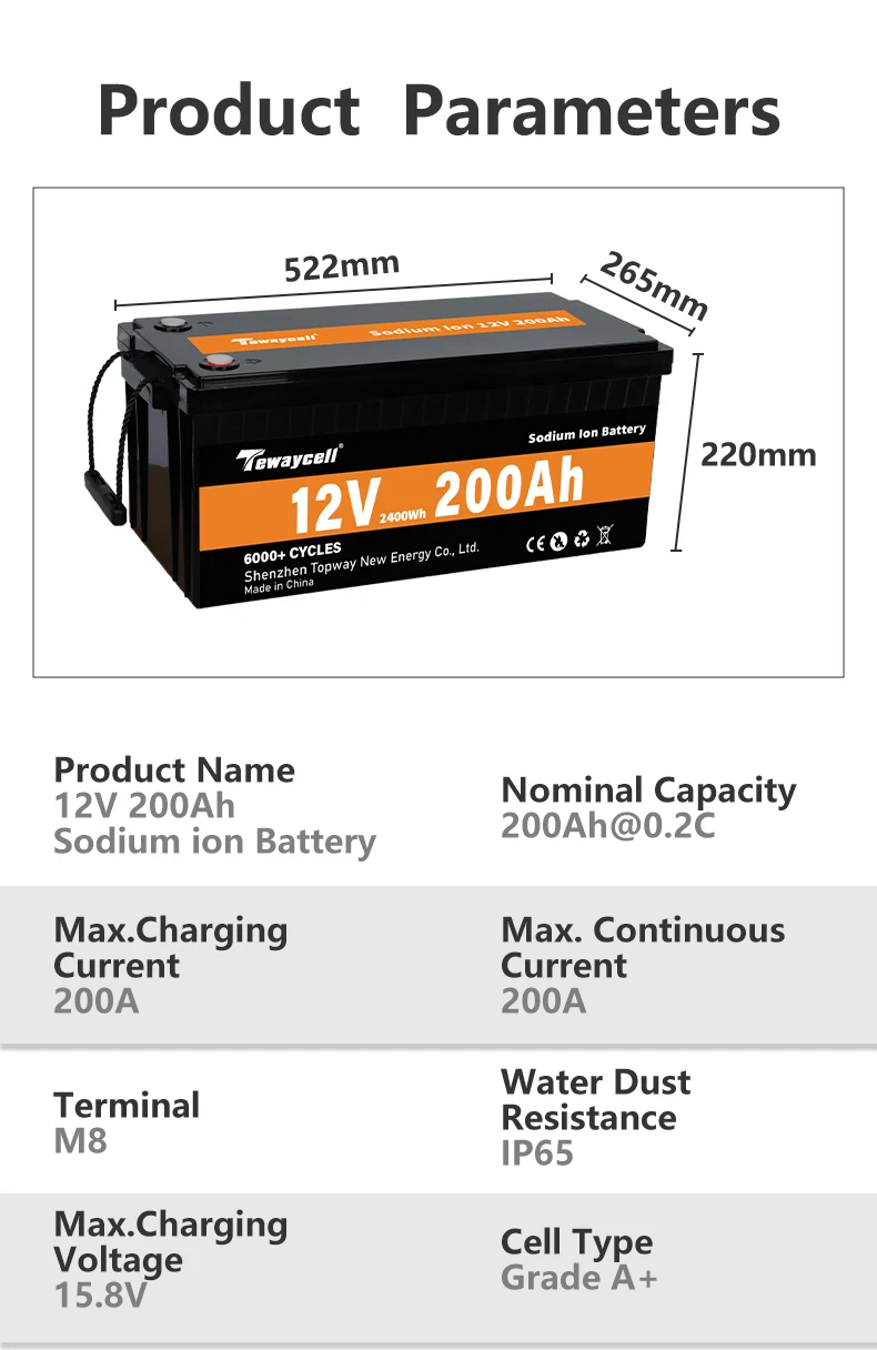 Tewaycell 12v 100ah 200ah 300ah sodium ion Batteries Pack 12v 200ah 2400W Akku for RV Camping Caravan Boating