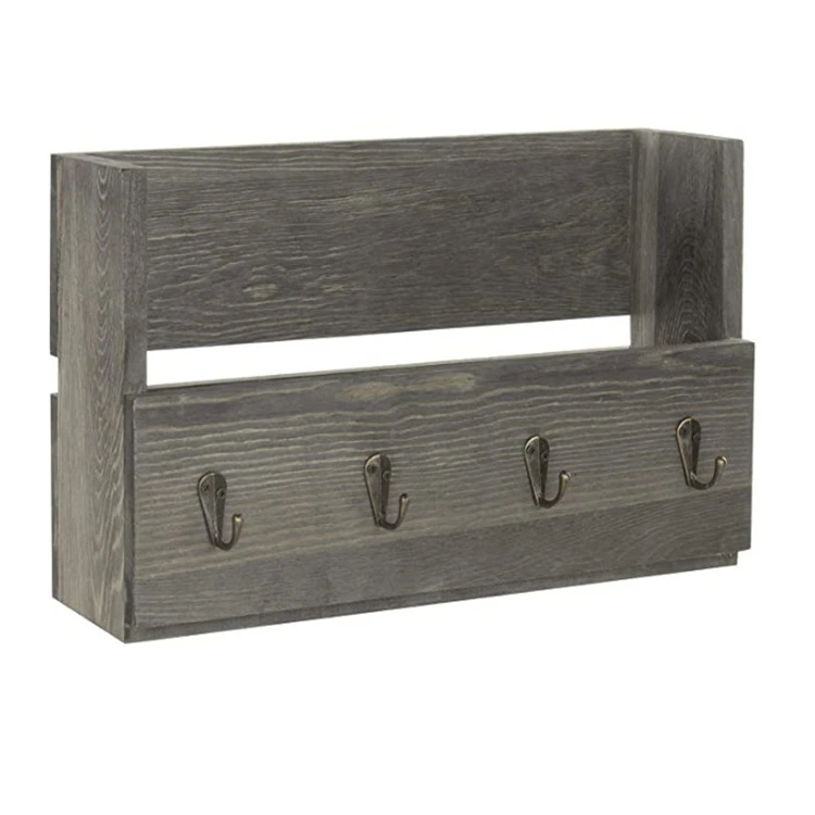 
Rustic gray mounted mail organizer rack with 4 key hooks wholesale magnetic key holder wood 