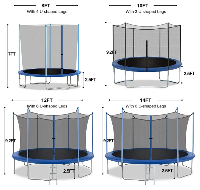 8FT 10FT 12FT 14FT Trampoline with Enclosure Net Outdoor Jump Rectangle Trampoline
