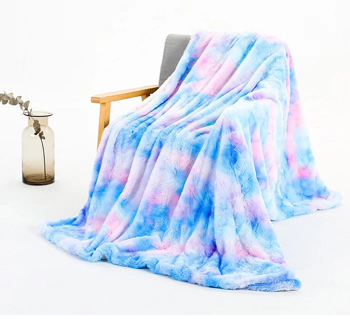100% Polyester Fluffy Plush Mink Cashmere Pompoms Fleece New Kids Nap Rainbow Tie Dyeing Quilt Blanket -