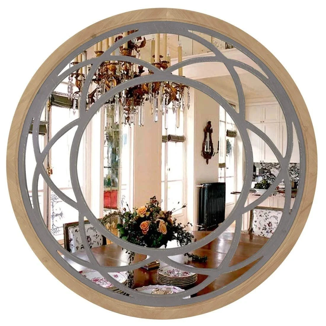 202407 Boho Design RusticRound Decorative Large Wall Mirror  with Wood Frame for Living Room Bedroom Kitchen Entryway Wall Decor